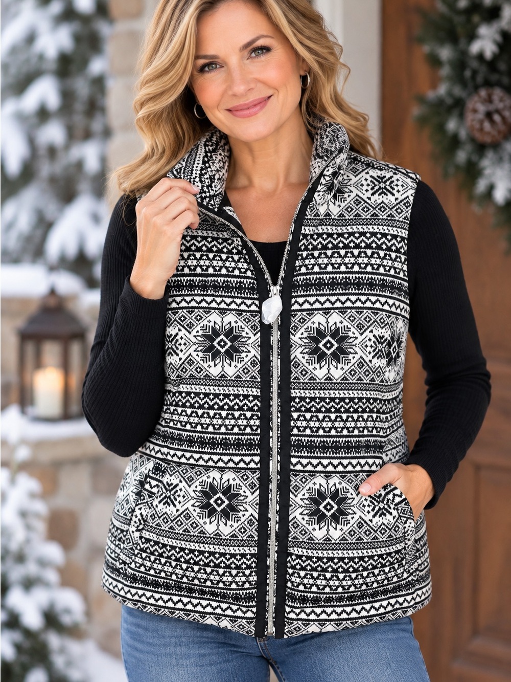 NWT Lands’ End Puffer Vest Size M (10-12) Black &White Fair Isle Down Snowflake